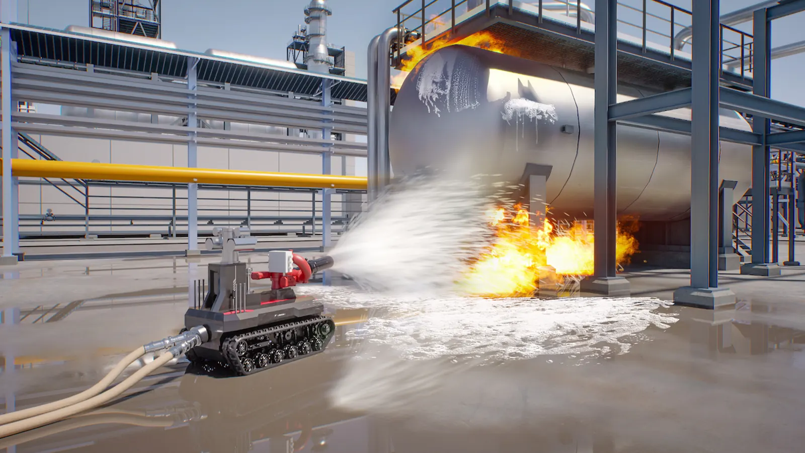 Robotic firefighting system suppressing an industrial fire