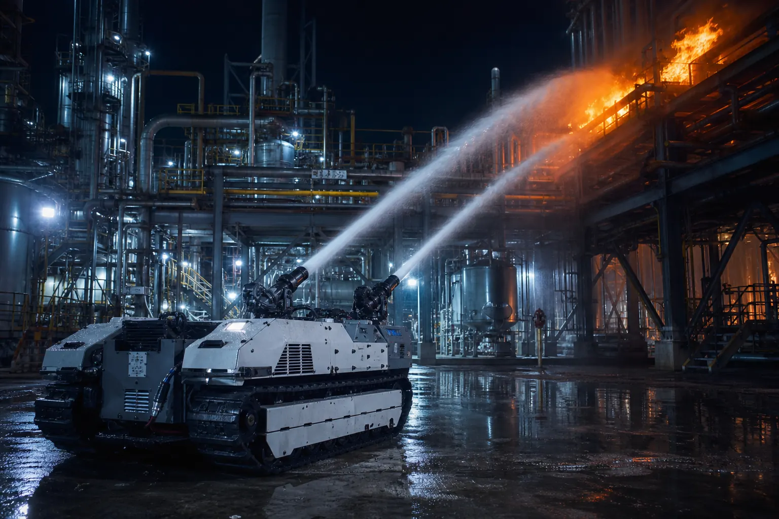 Dark refinery firefighting robot with dual water streams