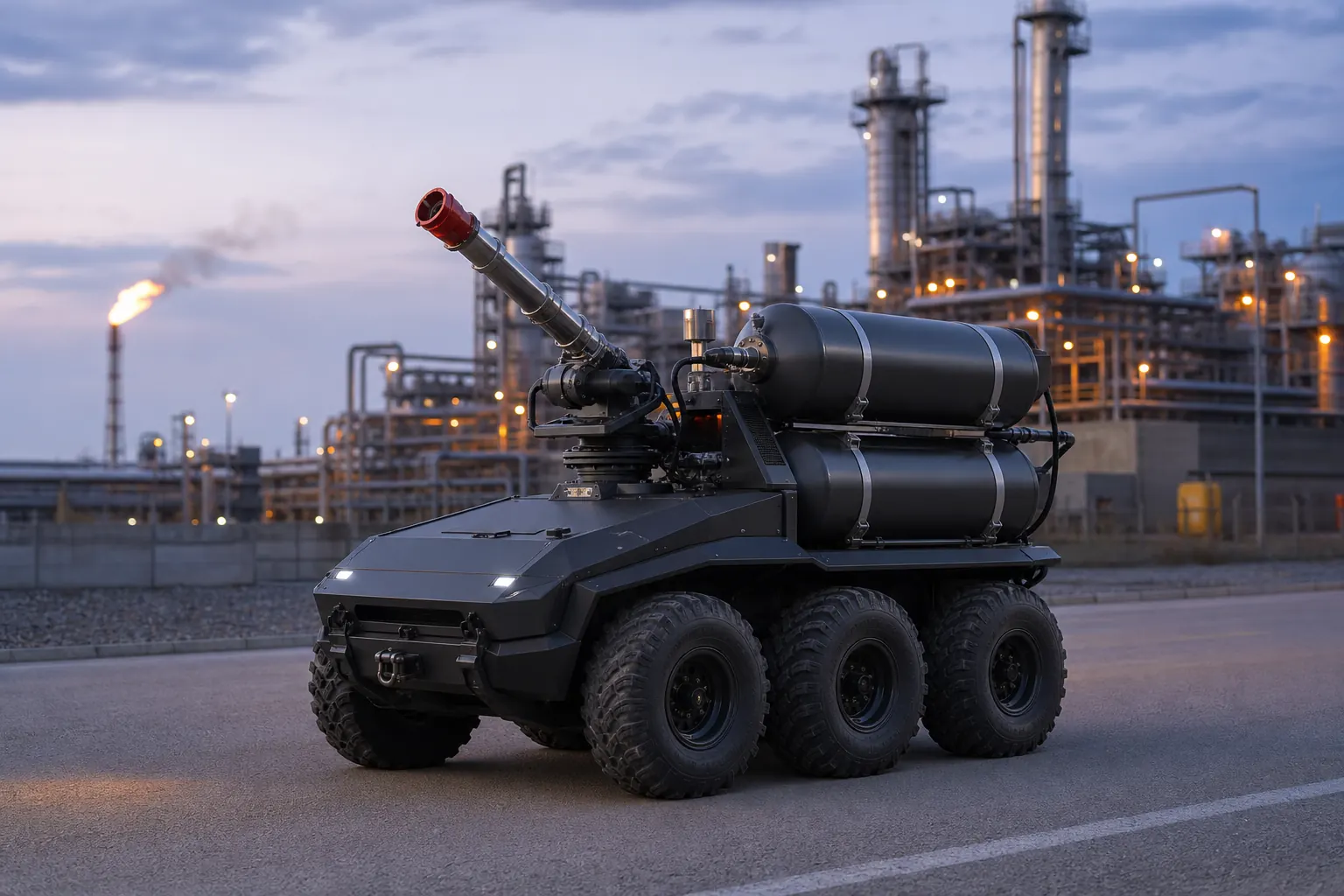 Dry chemical firefighting robot for refinery response