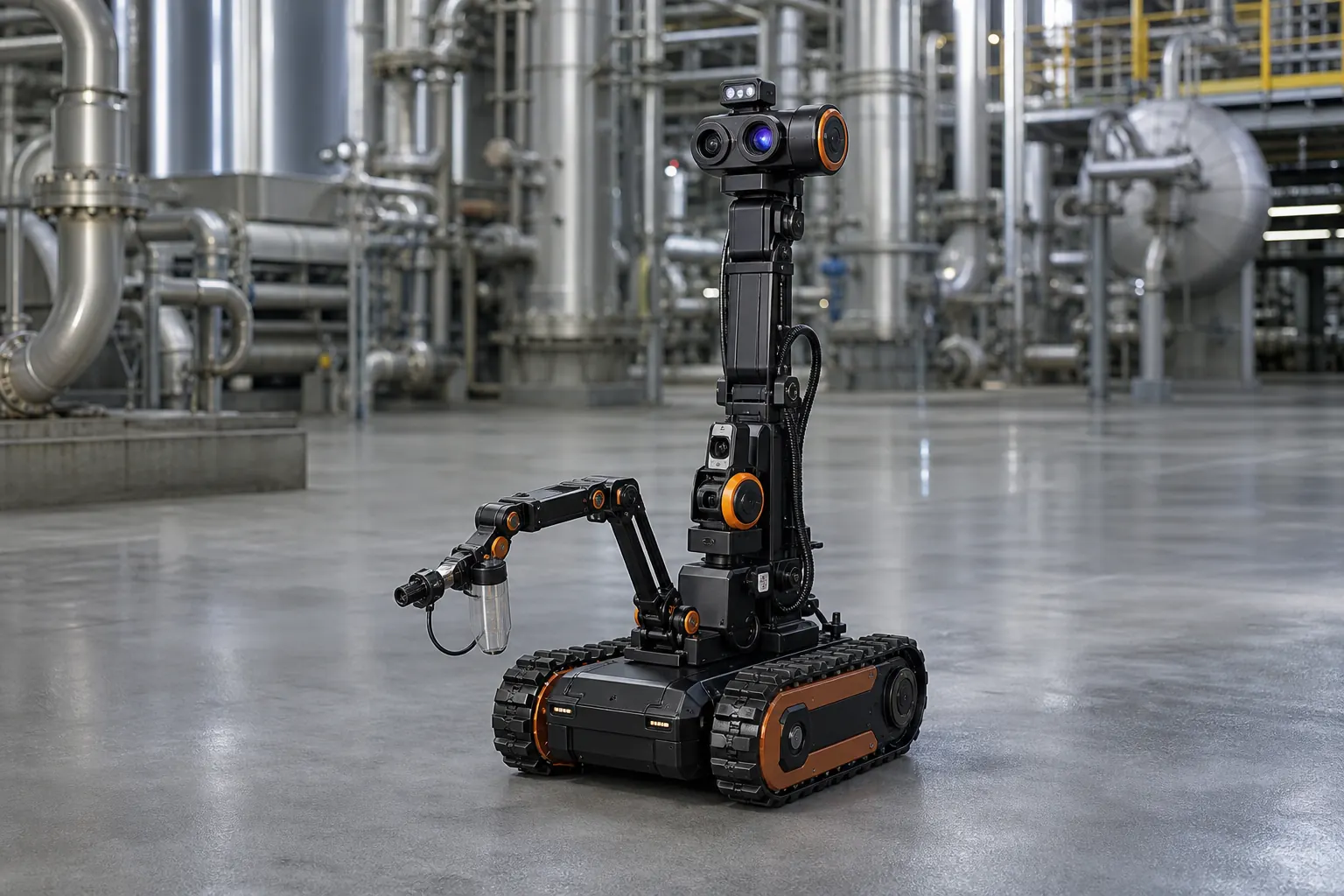 Tracked reconnaissance robot near heavy smoke